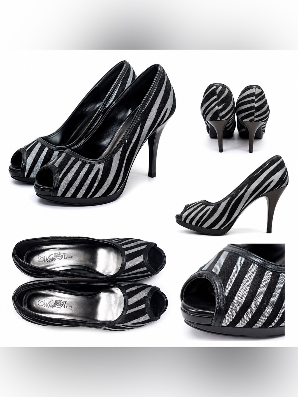Wild Rose Black & Gray Striped Peep-Toe Stiletto Heels